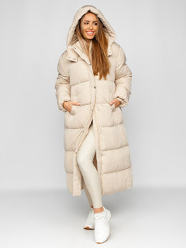 Béžová dámska dlhá prešívaná zimná bunda / kabát s kapucňou Bolf R6702