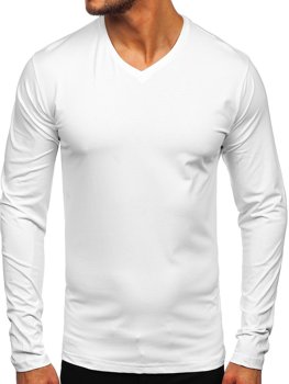 Biele pánske tričko s dlhými rukávmi s výstrihom do V bez potlače Bolf 172008