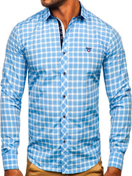 Blankytne modrá pánska elegantná košeľa s károvaným vzorom a dlhými rukávmi Bolf 4747-1