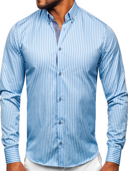 Blankytne modrá pánska košeľa s dlhými rukávmi, s pruhovaným vzorom Bolf 22730