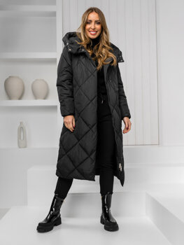 Čierna dámska dlhá prešívaná zimná bunda / kabát s kapucňou Bolf 5M3173