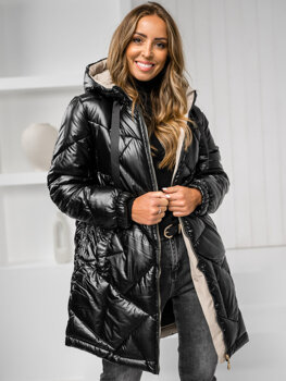Čierna dámska dlhá prešívaná zimná bunda / kabát s kapucňou Bolf 5M3189