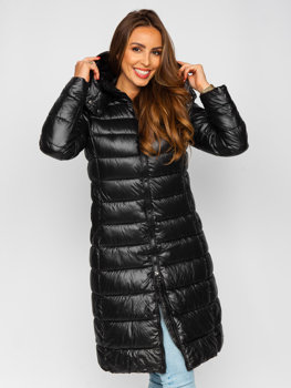 Čierna dámska dlhá prešívaná zimná bunda / kabát s kapucňou Bolf MB0276