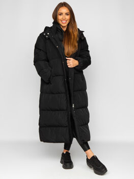 Čierna dámska dlhá prešívaná zimná bunda / kabát s kapucňou Bolf R6702