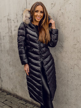 Čierna dámska dlhá zimná bunda / kabát s prírodnou kožušinou a kapucňou Bolf M699