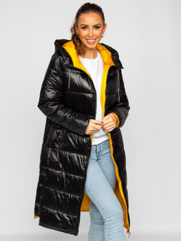 Čierna, dlhá dámska prešívaná zimná bunda s kapucňou Bolf J9063
