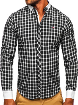 Čierna pánska elegantná košeľa s károvaným vzorom a dlhými rukávmi Bolf 5737-1