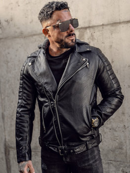 Čierna pánska koženková biker bunda tzv. sidovka s kapucňou Bolf 11Z8005