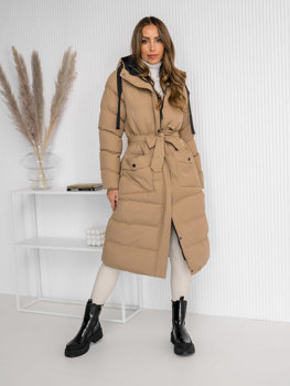 Dámska dlhá prešívaná zimná bunda / kabát s kapucňou vo farbe ťavej srsti Bolf 5M3178