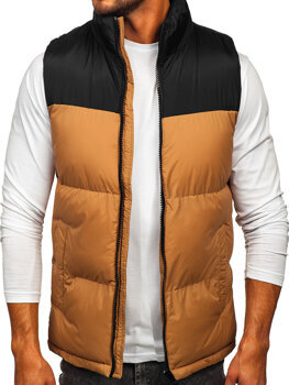 Hrubá pánska prešívaná vesta s kapucňou vo farbe ťavej srsti Bolf 9969