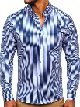 Kobaltová modrá pánska košeľa s dlhými rukávmi, s pruhovaným vzorom Bolf 20726
