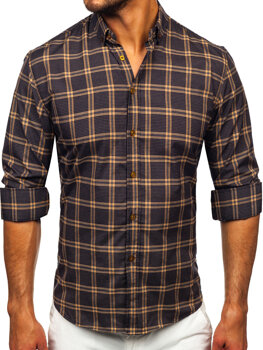 Pánska košeľa s károvaným vzorom a dlhými rukávmi vo farbe ťavej srsti Bolf 22749