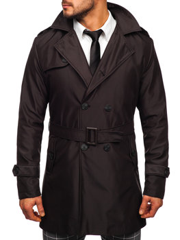 Tmavohnedý pánsky dvojradový kabát typu trenčkot s vysokým golierom a opaskom Bolf 0001