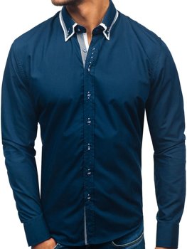 Tmavomodrá pánska elegantá košeľa s dlhými rukávmi BOLF 3704-1