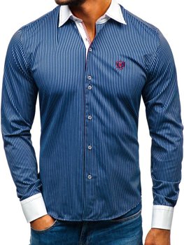 Tmavomodrá pánska elegantná prúžkovaná košeľa s dlhými rukávmi BOLF 4784-A