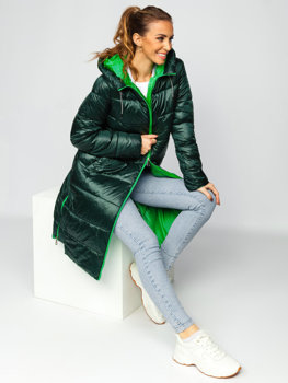Zelená, dlhá dámska prešívaná zimná bunda s kapucňou Bolf J9063
