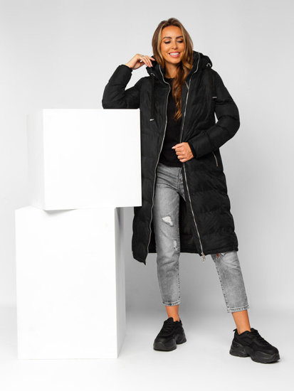 Čierna dámska dlhá prešívaná zimná bunda s kapucňou Bolf 5M736
