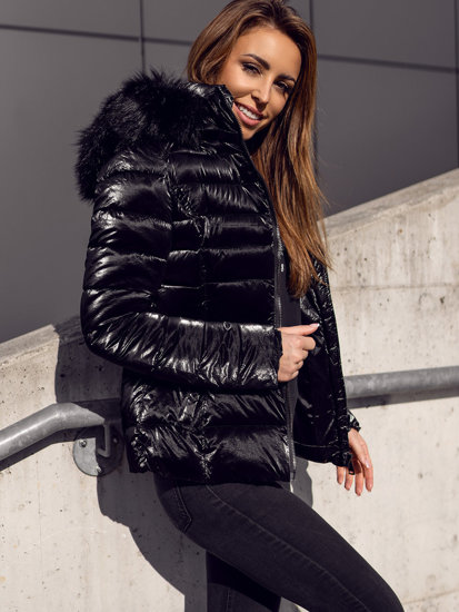 Čierna dámska prešívaná zimná bunda s kapucňou Bolf DK030