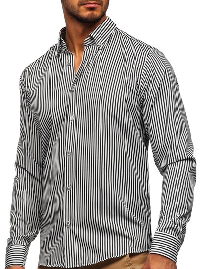 Čierna pánska košeľa s dlhými rukávmi, s pruhovaným vzorom Bolf 20726