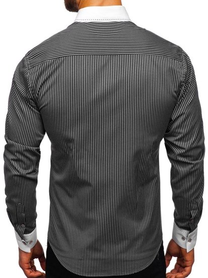 Čierna pánska prúžkovaná košeľa s dlhými rukávmi Bolf Bolf 9717