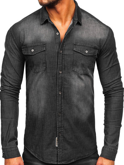 Čierna pánska riflová košeľa s dlhými rukávmi Bolf MC7051N