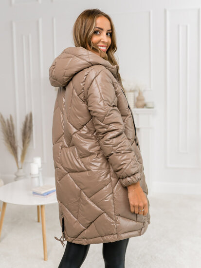 Dámska dlhá prešívaná zimná bunda / kabát s kapucňou vo farbe ťavej srsti Bolf 5M3189
