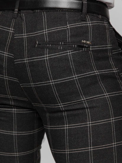 Grafitové pánske látkové chino nohavice s károvaným vzorom Bolf 0036