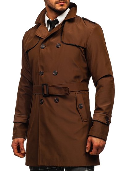 Hnedý pánsky dvojradový kabát typu trenčkot s vysokým golierom a opaskom Bolf 0001