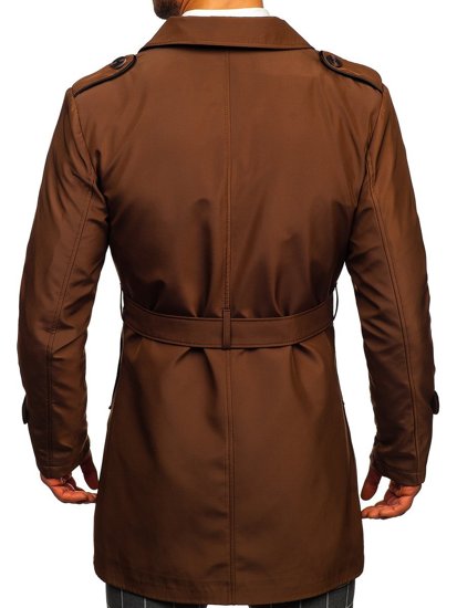 Hnedý pánsky dvojradový kabát typu trenčkot s vysokým golierom a opaskom Bolf 0001