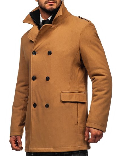 Kamelový pánsky zimný dvojradový kabát s odnímateľným golierom Bolf 8805