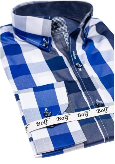 Modrá pánska károvaná košeľa s dlhými rukávmi BOLF 2779