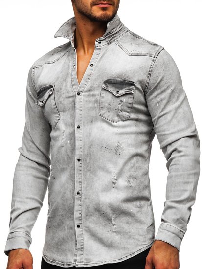 Sivá pánska riflová košeľa s dlhými rukávmi Bolf R805