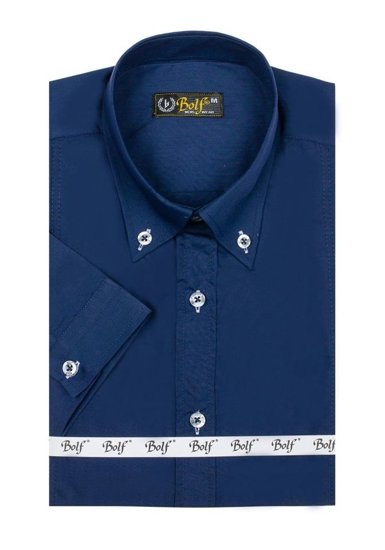 Tmavomodrá pánska elegantná košeľa s krátkymi rukávmi Bolf 5535