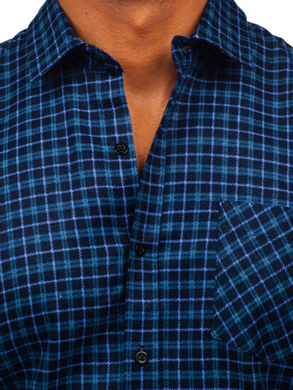 Tmavomodrá pánska flanelová košeľa s károvaným vzorom a dlhými rukávmi Bolf