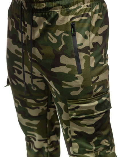 Zelené pánske cargo teplákové jogger nohavice s maskáčovým vzorom Bolf JX6190