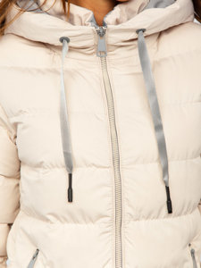 Béžová, dlhá dámska prešívaná zimná bunda s kapucňou Bolf 7081