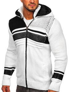 Biely hrubý pánsky sveter/bunda so zapínaním na zips s kapucňou Bolf 2051