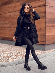 Čierna dámska prešívaná zimná bunda s kapucňou Bolf 23070