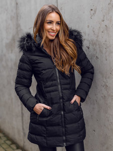 Čierna, dlhá dámska prešívaná zimná bunda s kapucňou Bolf 16M9061