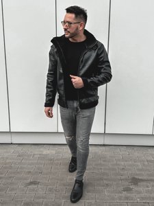 Čierna pánska zateplená koženková bunda Bolf EX930