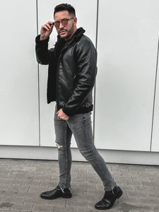 Čierna pánska zateplená koženková bunda Bolf EX930