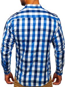 Modrá pánska károvaná košeľa s dlhými rukávmi BOLF 2779