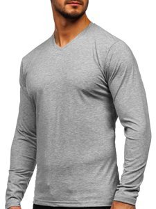 Sivé pánske tričko s dlhými rukávmi s výstrihom do V bez potlače Bolf 172008