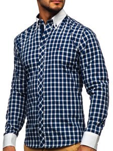 Tmavomodrá pánska elegantná kockovaná košeľa s dlhými rukávmi BOLF 5737