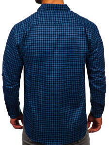 Tmavomodrá pánska flanelová košeľa s károvaným vzorom a dlhými rukávmi Bolf