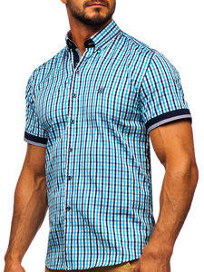 Tyrkysová pánska károvaná košeľa s krátkymi rukávmi BOLF 4510