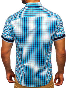 Tyrkysová pánska károvaná košeľa s krátkymi rukávmi BOLF 4510